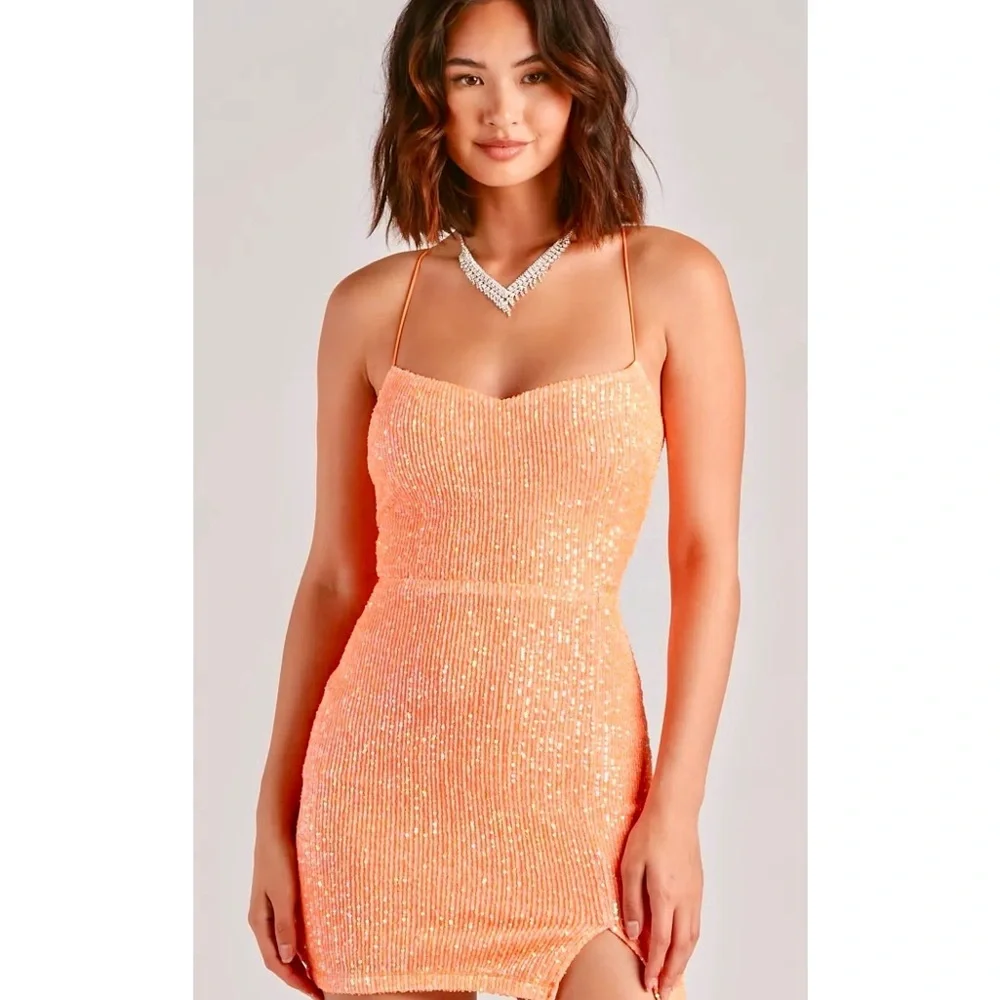 🪩🧡 Sequin Lace-Up Mini Dress - Picture 2 of 4